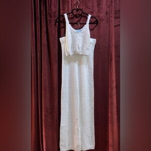 Fluffy white two-piece crop tank and flares set